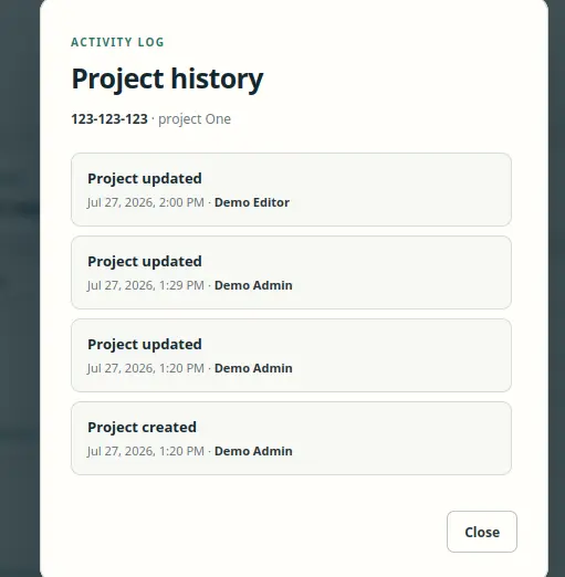 F.A.T. project history dialog with created and updated events