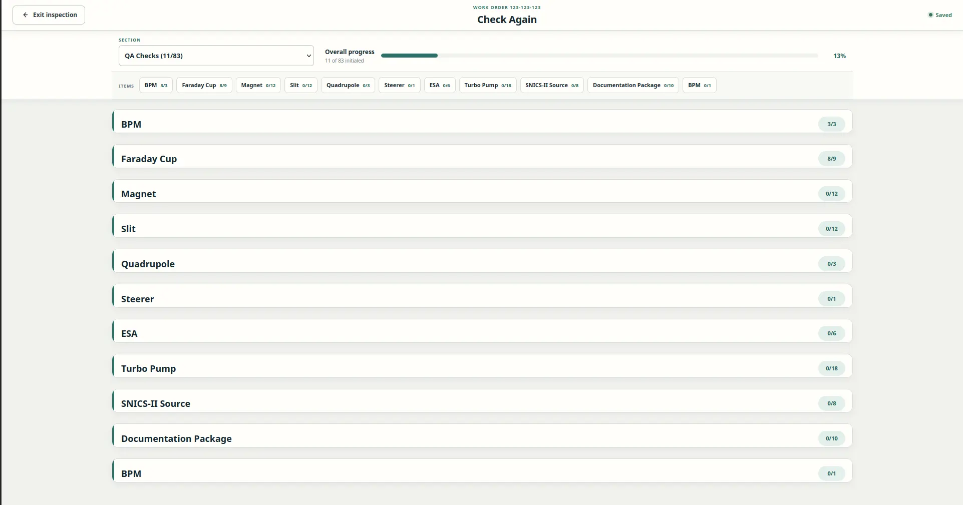 F.A.T. Online inspection workspace showing project progress and QA sections